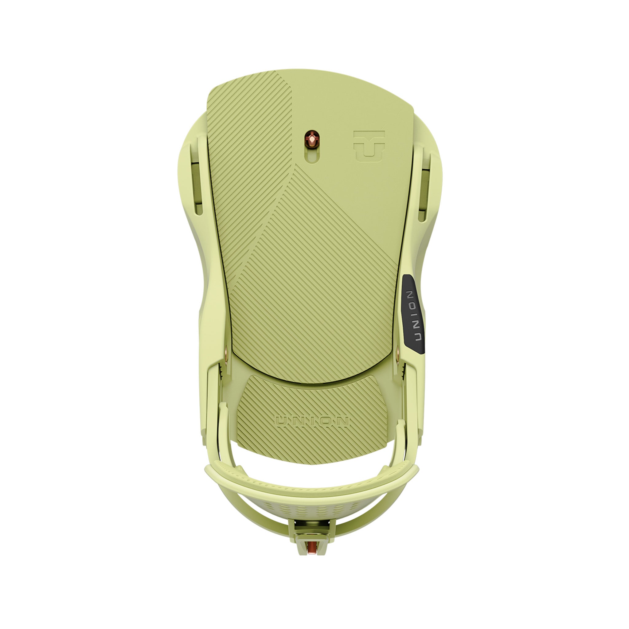 Union Women's Trilogy Snowboard Binding 2025 - A light green snowboard binding with a textured pattern on the baseplate and straps, viewed from above.