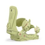 Union Women's Trilogy Snowboard Binding - A light green snowboard binding with a black logo on top and rose gold screws.