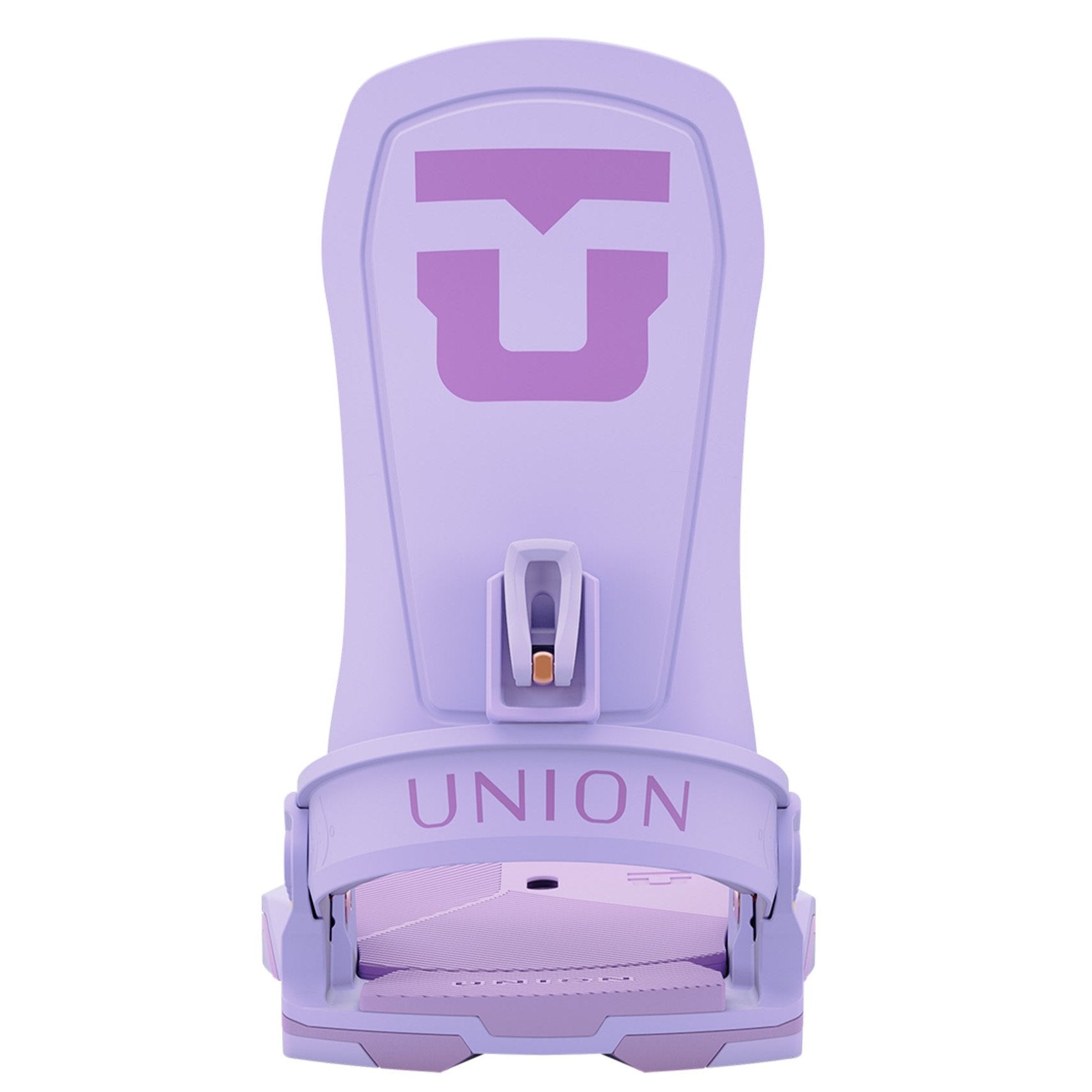 Union Women's Trilogy Snowboard Binding 2025 - A light purple snowboard binding with a large "U" logo on top and a small gold screw in the middle.