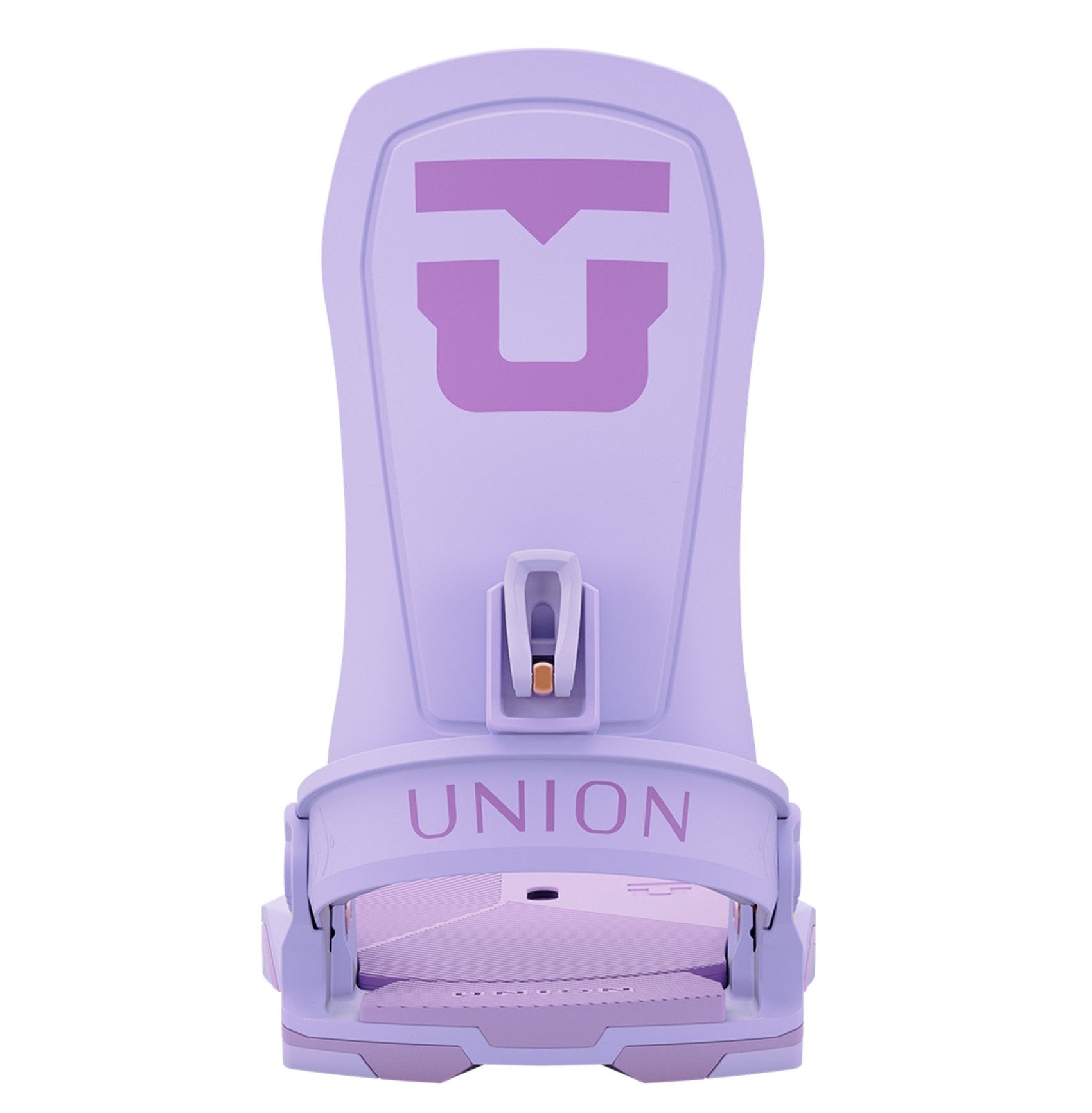 Union Women's Trilogy Snowboard Binding 2025 - A light purple snowboard binding with a large "U" logo on top and a small gold screw in the middle.