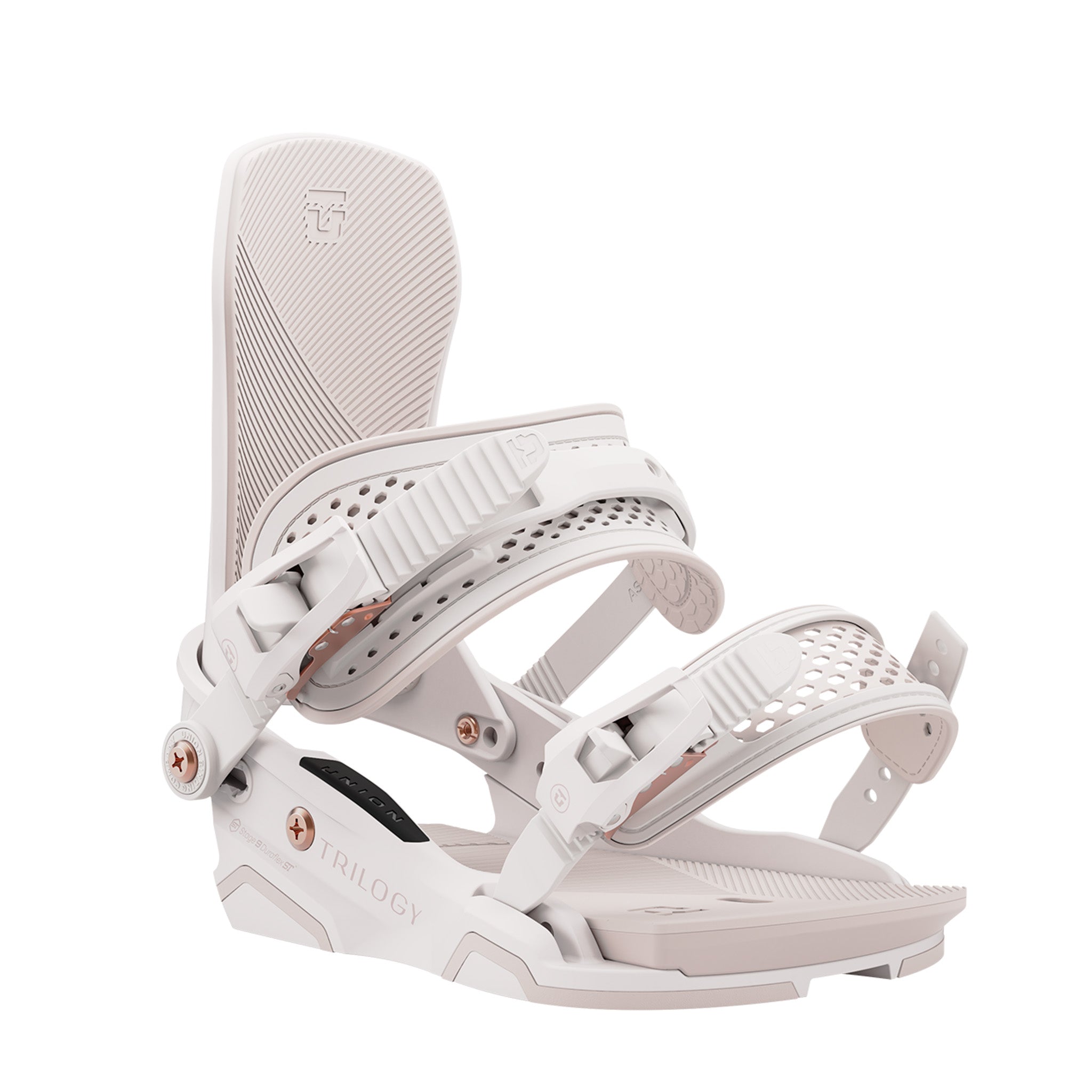 Union Women's Trilogy Snowboard Binding - White snowboard binding with rose gold buckles and a textured strap.