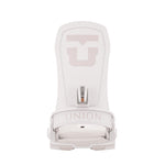Union Women's Trilogy Snowboard Binding 2025 - A white snowboard binding with a large "U" logo on top and a strap that says "UNION".