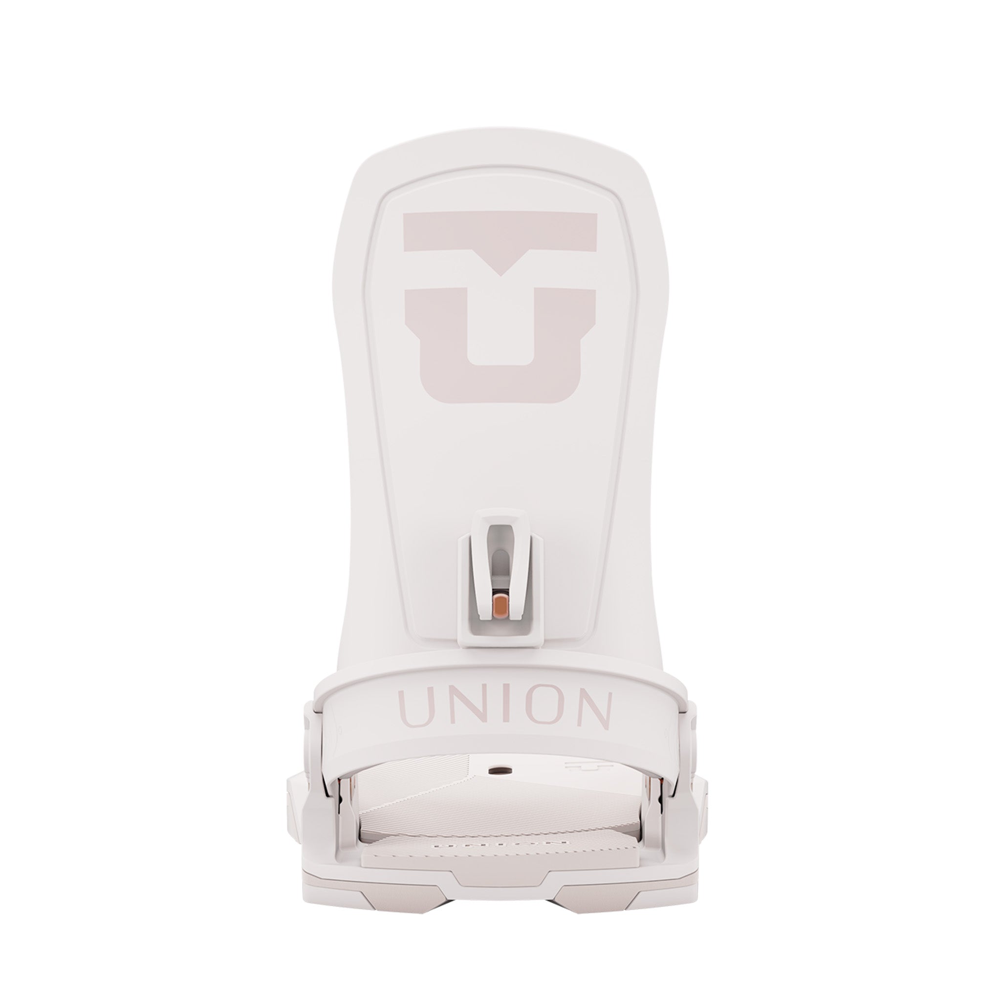 Union Women's Trilogy Snowboard Binding 2025 - A white snowboard binding with a large "U" logo on top and a strap that says "UNION".