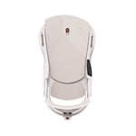 Union Women's Trilogy Snowboard Binding 2025 - A white snowboard binding with a black logo on top and diagonal gray stripes on the baseplate.