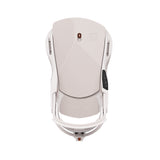 Union Women's Trilogy Snowboard Binding 2025 - A white snowboard binding with a black logo on top and diagonal gray stripes on the baseplate.