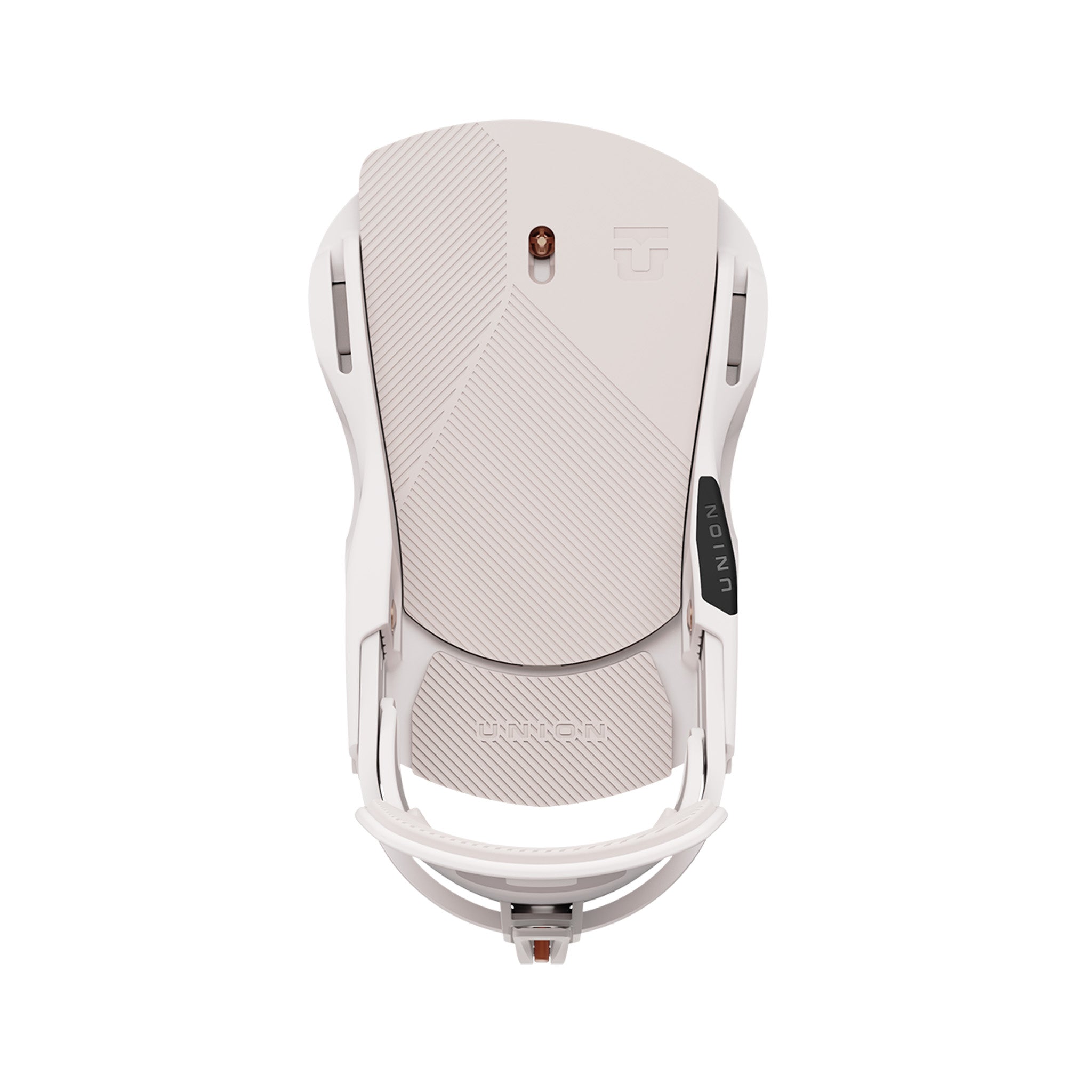 Union Women's Trilogy Snowboard Binding 2025 - A white snowboard binding with a black logo on top and diagonal gray stripes on the baseplate.