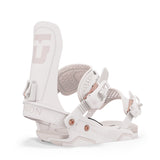 Union Women's Trilogy Snowboard Binding - A white snowboard binding with a rose gold buckle and logo, featuring a textured strap and a honeycomb pattern on the footbed.
