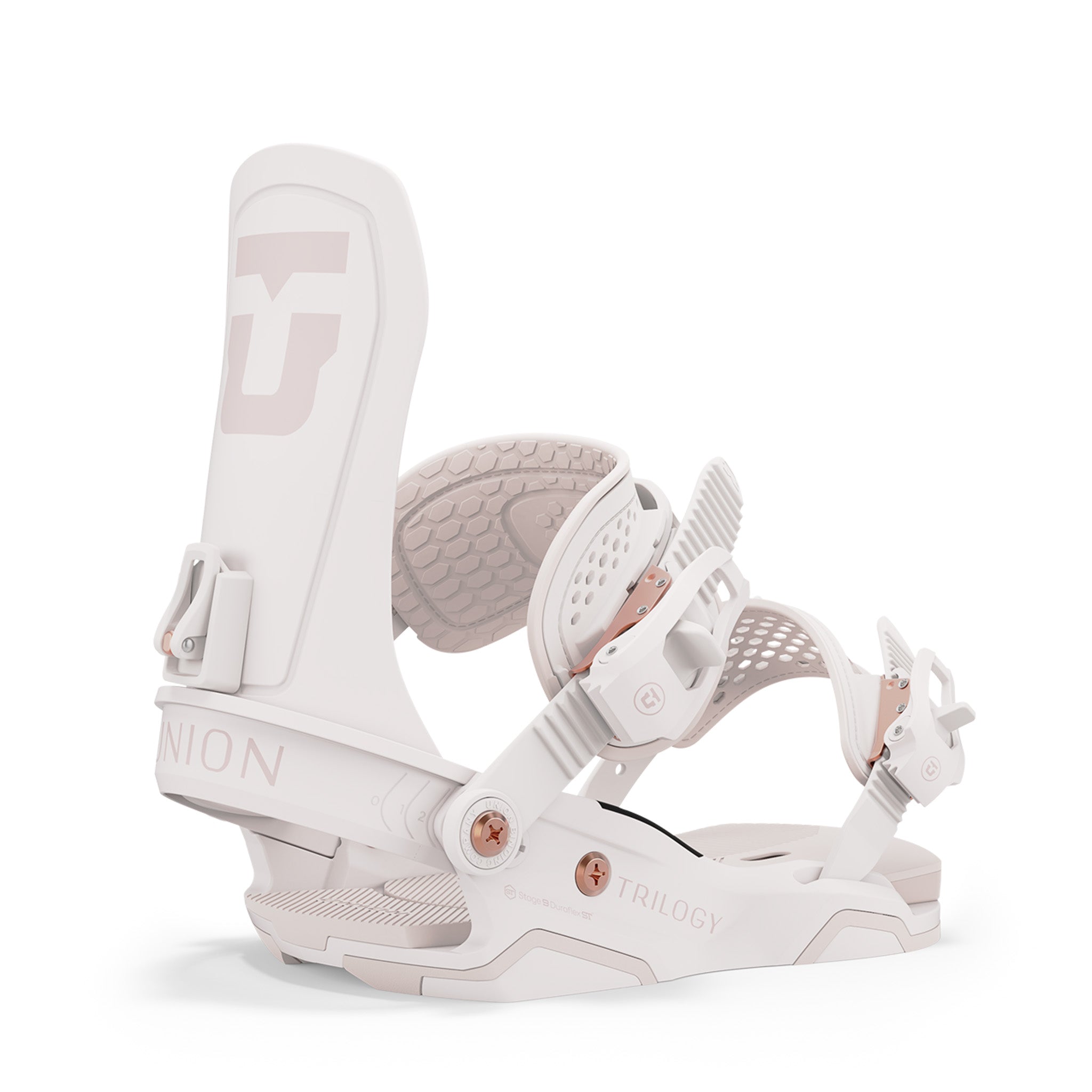 Union Women's Trilogy Snowboard Binding - A white snowboard binding with a rose gold buckle and logo, featuring a textured strap and a honeycomb pattern on the footbed.