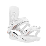 Union Women's Trilogy Snowboard Binding - White snowboard binding with rose gold buckles and black logo on top strap.
