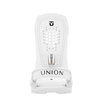 Union Women's Trilogy Snowboard Binding 2025 - A white snowboard binding with a black logo at the top and a small copper-colored metal piece in the middle of the baseplate.