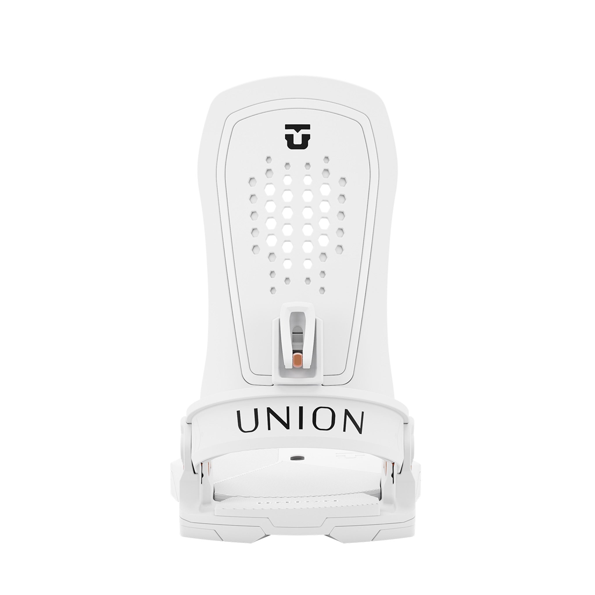 Union Women's Trilogy Snowboard Binding 2025 - A white snowboard binding with a black logo at the top and a small copper-colored metal piece in the middle of the baseplate.
