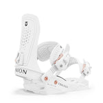 Union Women's Trilogy Snowboard Binding 2025 - A white snowboard binding with rose gold buckles and a black logo on top of the left foot strap.