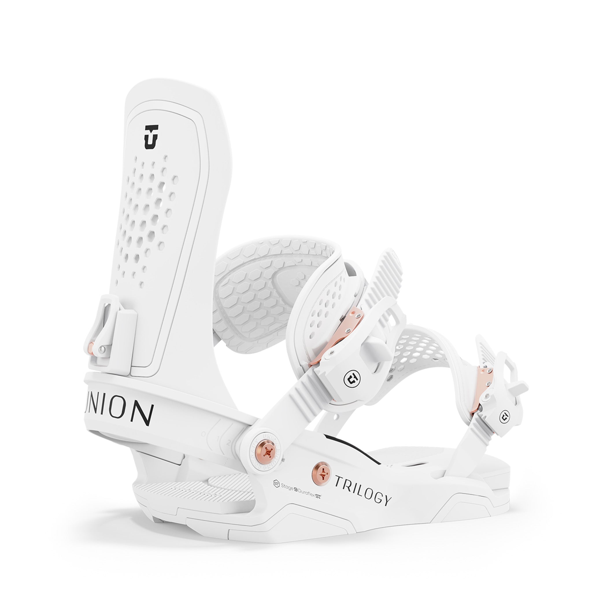 Union Women's Trilogy Snowboard Binding 2025 - A white snowboard binding with rose gold buckles and a black logo on top of the left foot strap.
