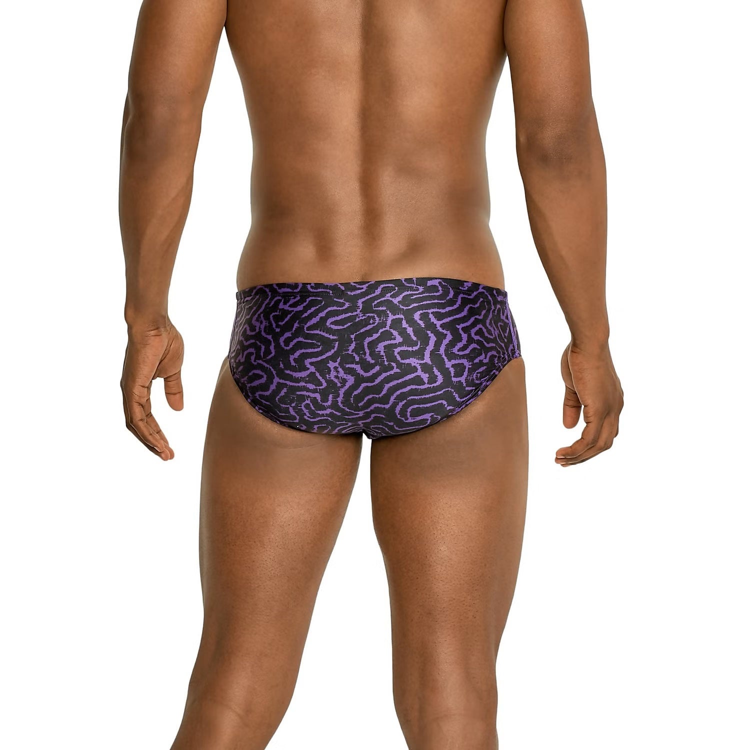Speedo Race Maze Brief Swimsuit - A black brief swimsuit with a purple maze pattern on it.