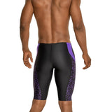 Speedo Race Maze Jammer Swimsuit - A black swimsuit with a maze pattern on the left leg and purple accents on the right side of the waistband.