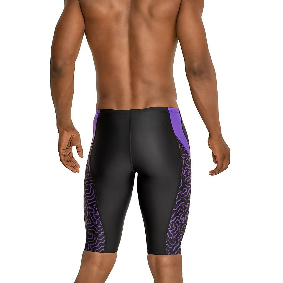 Speedo Race Maze Jammer Swimsuit - A black swimsuit with a maze pattern on the left leg and purple accents on the right side of the waistband.