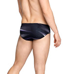 Speedo Infinite Pulse Brief Swimsuit - A black swimsuit with a purple, white, and gray geometric pattern on the front.