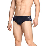 Speedo Infinite Pulse Brief Swimsuit - A black swimsuit with a white geometric pattern and purple accents on the sides.