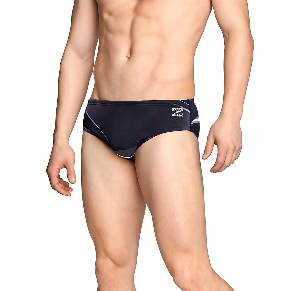 Speedo Infinite Pulse Brief Swimsuit - A black swimsuit with a white geometric pattern and purple accents on the sides.