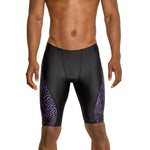 Speedo Race Maze Jammer Swimsuit - A black swimsuit with a maze pattern on the left leg in purple and white.