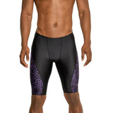 Speedo Race Maze Jammer Swimsuit - A black swimsuit with a maze pattern on the left leg in purple and white.