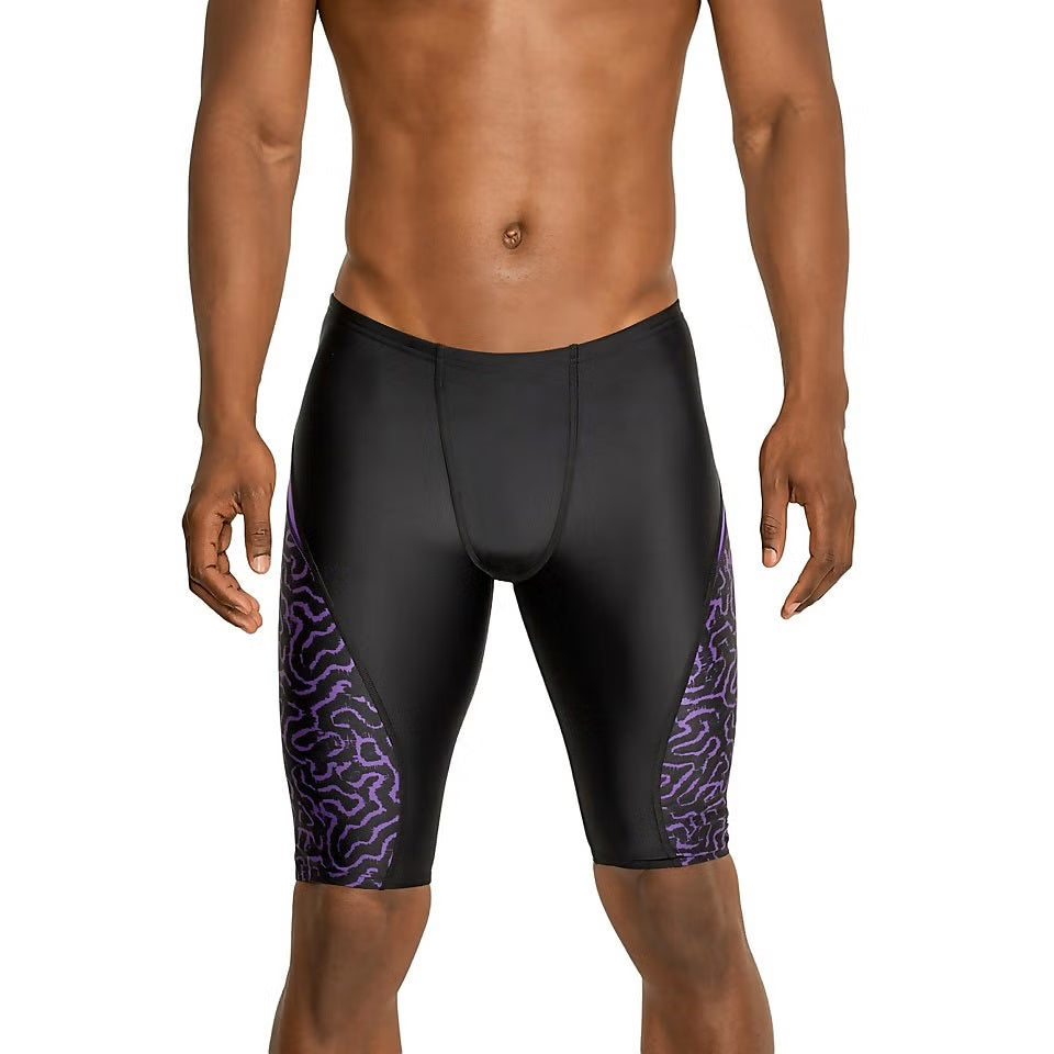 Speedo Race Maze Jammer Swimsuit - A black swimsuit with a maze pattern on the left leg in purple and white.