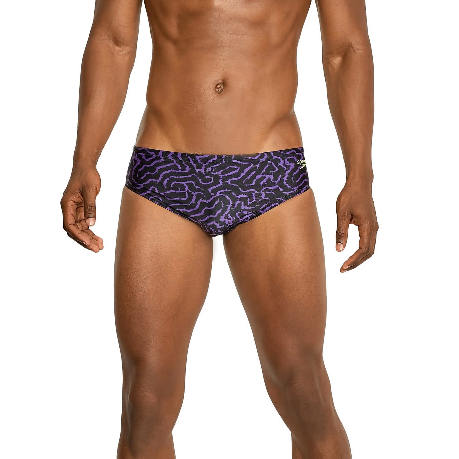 Speedo Race Maze Brief Swimsuit - A black swimsuit with a purple maze pattern on it.