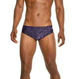 Speedo Race Maze Brief Swimsuit - A black swimsuit with a purple maze pattern on it.