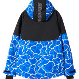 Beyond Medals Fullzip Insulated Jacket 2025 - A blue and white abstract patterned jacket with a black chest section, featuring a hood and long sleeves.