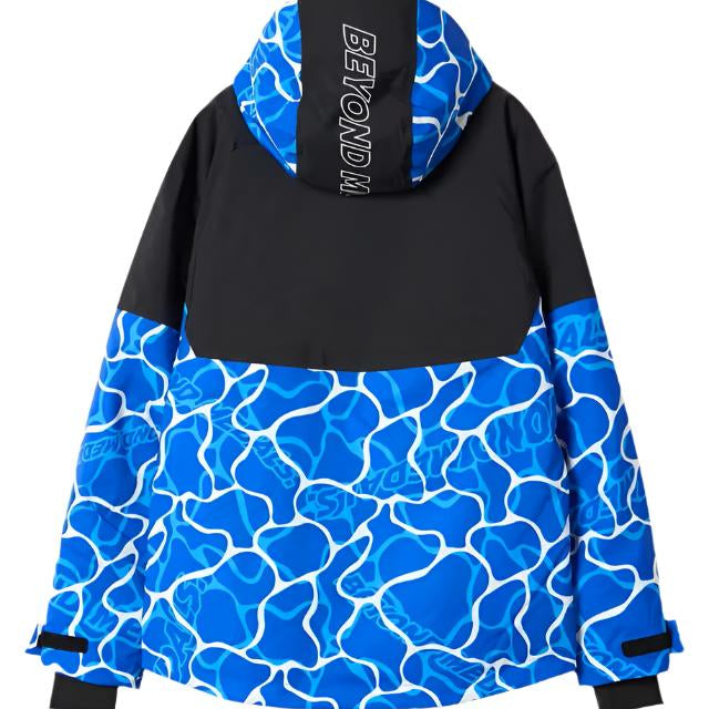 Beyond Medals Fullzip Insulated Jacket 2025 - A blue and white abstract patterned jacket with a black chest section, featuring a hood and long sleeves.