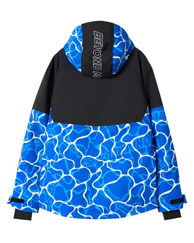 Beyond Medals Fullzip Insulated Jacket 2025 - A blue and white abstract patterned jacket with a black chest section, featuring a hood and long sleeves.