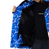 Beyond Medals Fullzip Insulated Jacket 2025 - A blue and white abstract patterned jacket with a black zipper on the front.