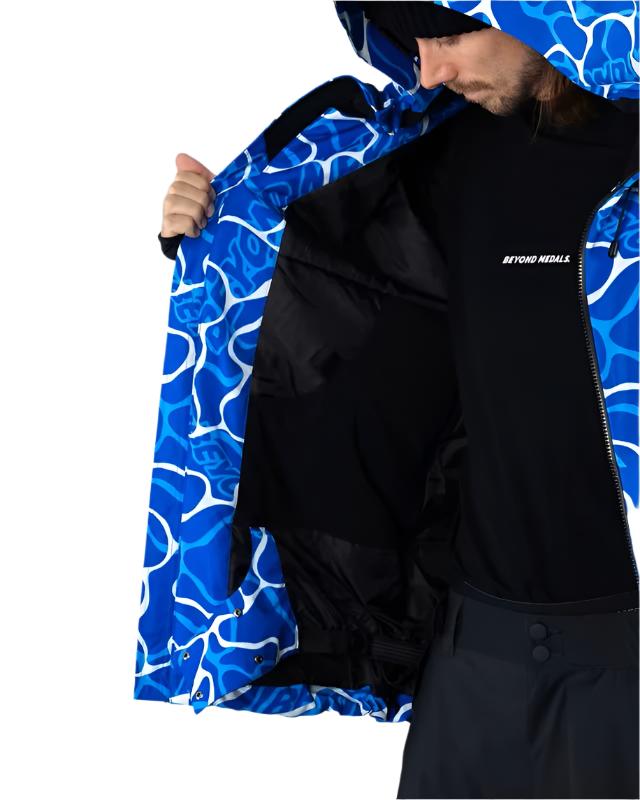 Beyond Medals Fullzip Insulated Jacket 2025 - A blue and white abstract patterned jacket with a black zipper on the front.