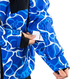 Beyond Medals Fullzip Insulated Jacket 2025 - A blue and white abstract patterned jacket with a black collar and cuffs.