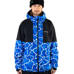 Beyond Medals Fullzip Insulated Jacket 2025 - A blue and white abstract patterned jacket with a black chest pocket on a model wearing it.