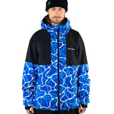 Beyond Medals Fullzip Insulated Jacket 2025 - A blue and white abstract patterned jacket with a black chest pocket on a model wearing it.