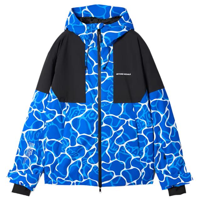 Beyond Medals Fullzip Insulated Jacket 2025 - A blue and white abstract patterned jacket with a black chest pocket and hood.