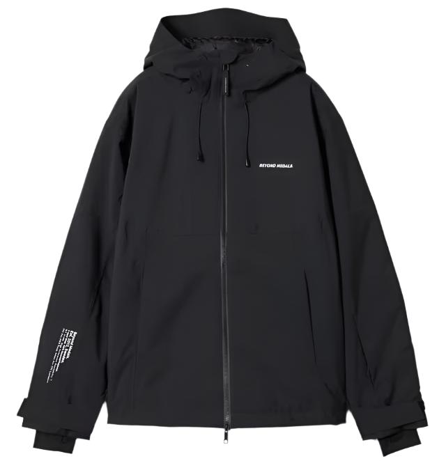 Beyond Medals Fullzip Insulated Jacket 2025 - A black jacket with a hood, featuring white lettering on the chest and sleeve.
