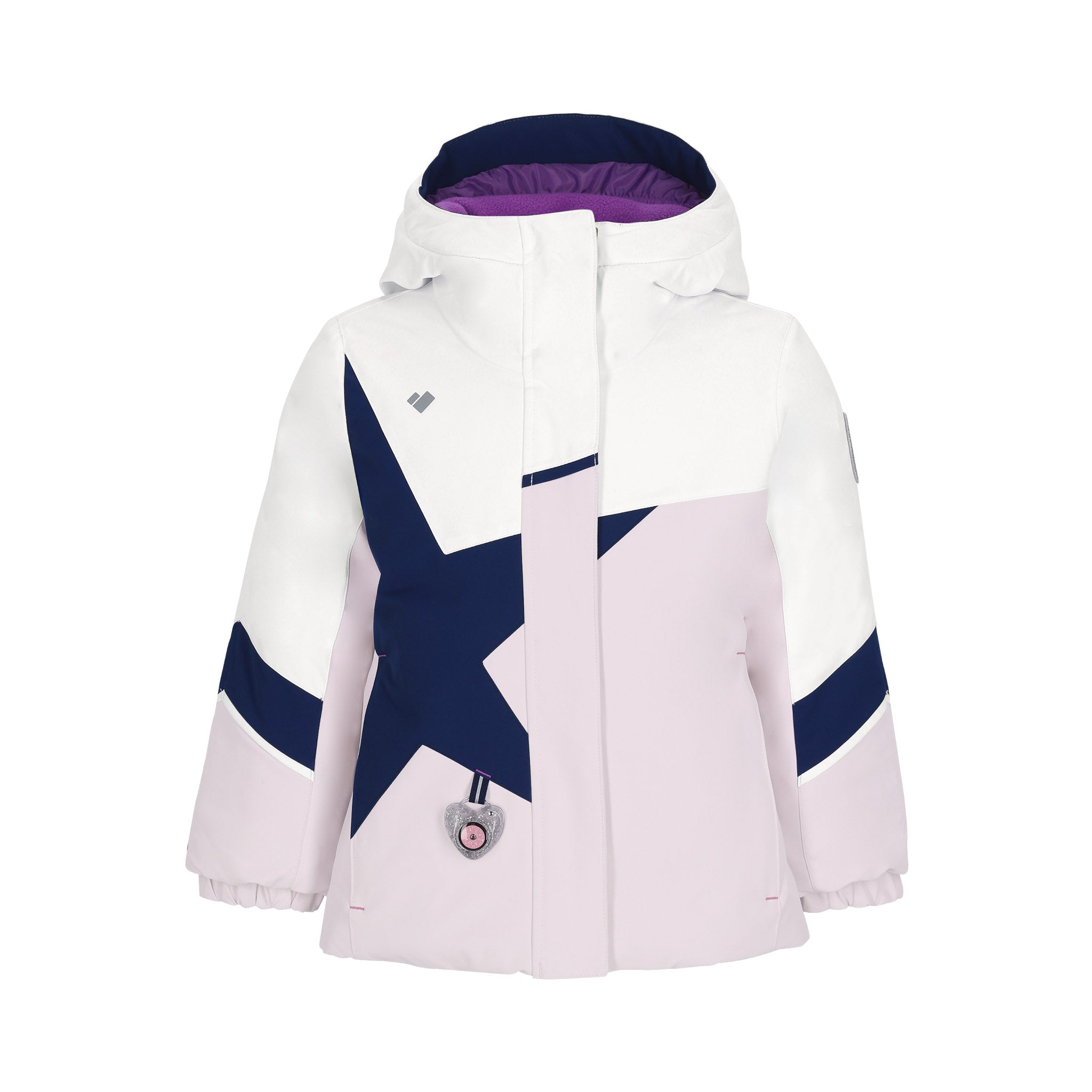 Obermeyer Junior's Lissa Insulated Jacket 2025 - A white jacket with a navy star on the front and purple lining visible inside the hood.
