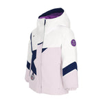 Obermeyer Junior's Lissa Insulated Jacket 2025 - A white jacket with navy blue accents and a purple lining visible inside the hood.
