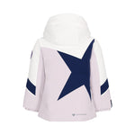Obermeyer Junior's Lissa Insulated Jacket 2025 - A white jacket with a large navy star on the back, featuring a hood and two navy stripes on each sleeve.