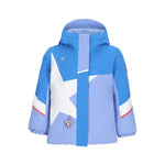 Obermeyer Junior's Lissa Insulated Jacket 2025 - A blue and white jacket with a hood, featuring a large white star on the front.