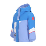 Obermeyer Junior's Lissa Insulated Jacket 2025 - A blue and white jacket with a hood, featuring a red logo on the left sleeve.