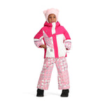 Obermeyer Junior's Lissa Insulated Jacket - A pink and white jacket with a hood, featuring a snowflake pattern on the sleeves.