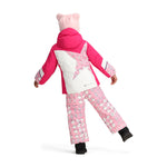 Obermeyer Junior's Lissa Insulated Jacket 2025 - A pink and white jacket with a hood, featuring a pattern of snowmen and hearts on the back.