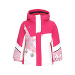 Obermeyer Junior's Lissa Insulated Jacket 2025 - A pink and white snowboard jacket with a hood, featuring a pattern of bows on the front and sleeves.