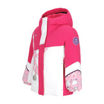 Obermeyer Junior's Lissa Insulated Jacket 2025 - A pink and white jacket with a hood, featuring a pattern of snowmen on the sleeves.