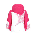 Obermeyer Junior's Lissa Insulated Jacket 2025 - A pink and white snowboard jacket with a hood, featuring a cartoon penguin pattern on the sleeves.