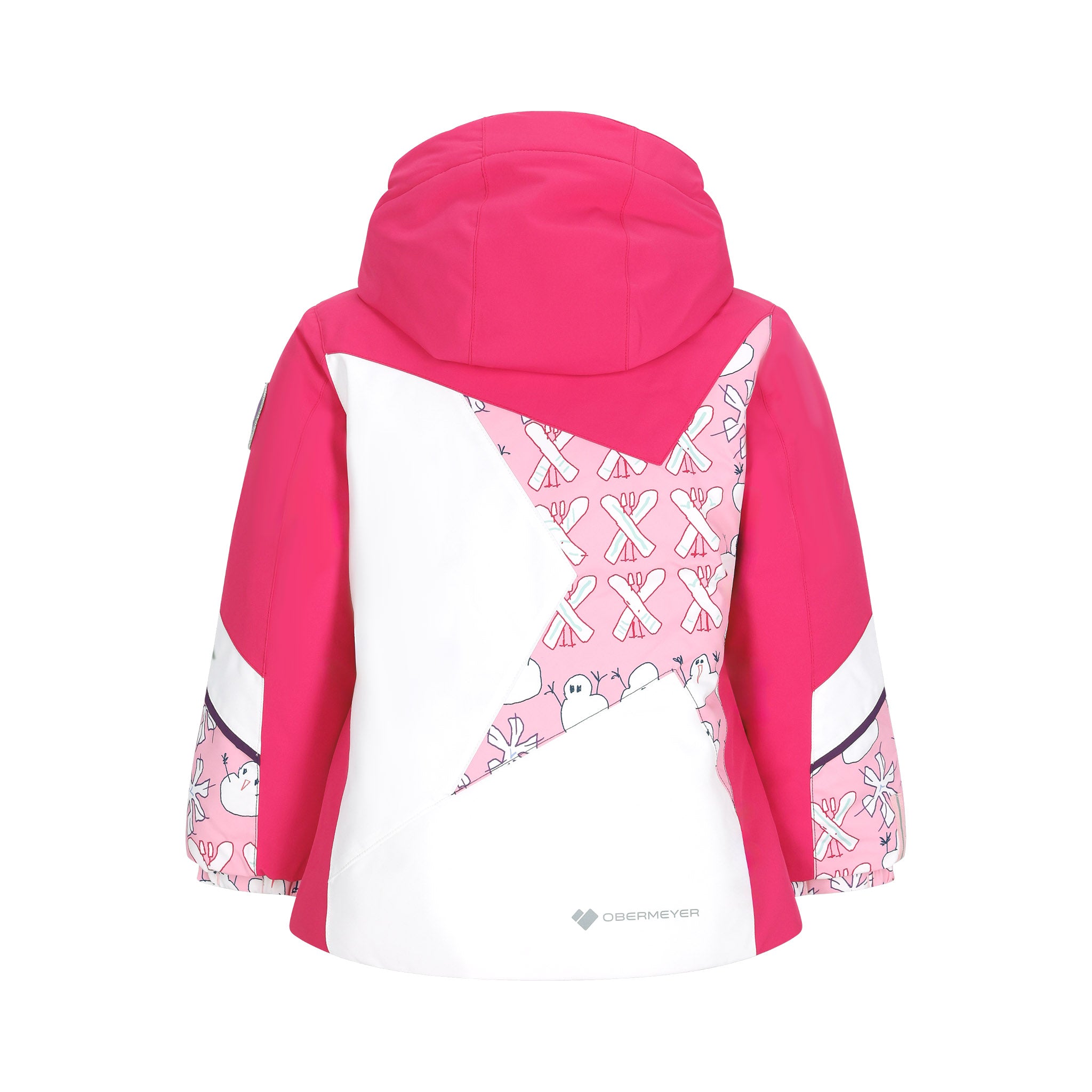 Obermeyer Junior's Lissa Insulated Jacket 2025 - A pink and white snowboard jacket with a hood, featuring a cartoon penguin pattern on the sleeves.