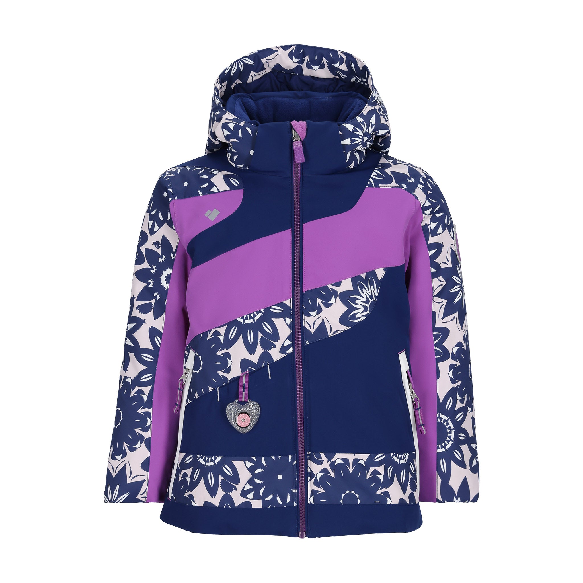 Obermeyer Junior's Carnia Insulated Jacket 2025 - A navy blue jacket with a white floral pattern and purple accents, featuring a hood and zipper closure.